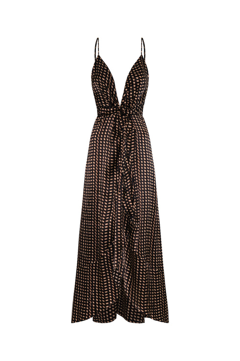 Sabina Satin Silk Midi Dress / Black & Ivory Seeds